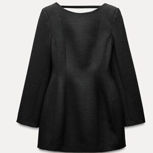 Black mini A-line scoop neck dress with a low back and long sleeves
